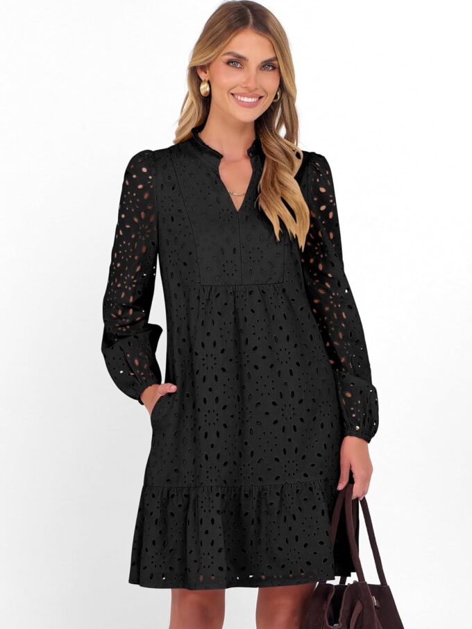 Caracilia Long Sleeve Dress for Women V Neck Hollow Out Eyelet Casual Fall Boho Flowy Swing Tiered Mini Vacation Dresses – Bild 6