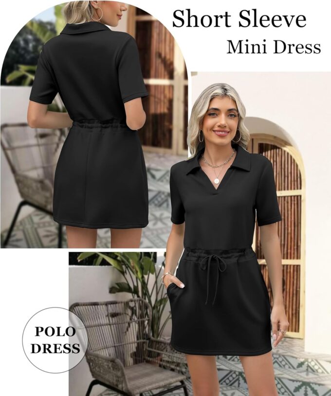 Deer Lady 2025 Casual Summer T Shirt Dress for Women Drawstring Short Sleeve V Neck Mini Shift Dresses with Pockets – Bild 5