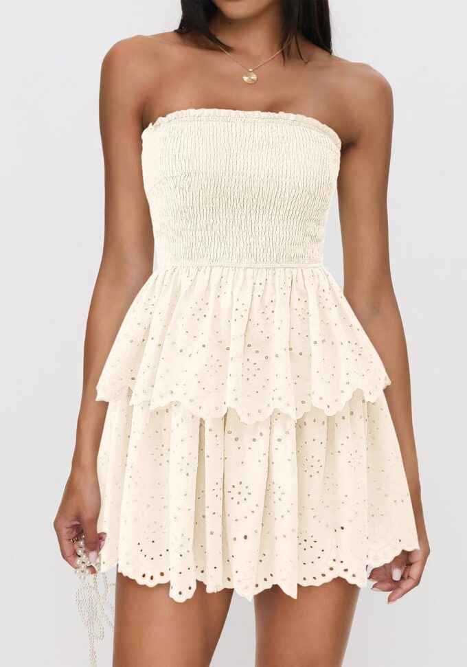 BTFBM Summer Dresses for Women 2025 Tube Strapless Mini Hollow Out Lace Wedding Guest Dress – Bild 6