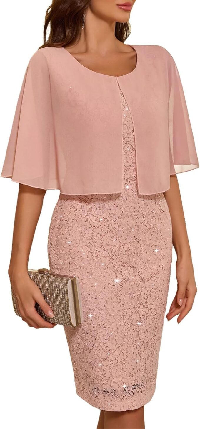Women's Wedding Guest Cape Dress Cocktail Party Formal Chiffon Lace Sequin Dress