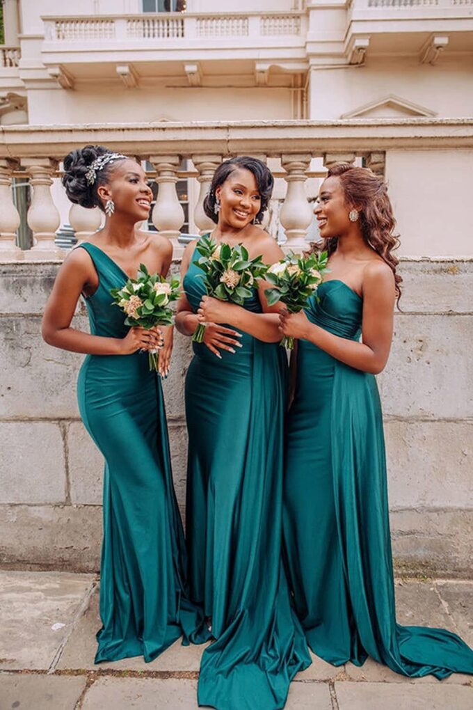 OYI Women's One Shoulder Mermaid Bridesmaid Dresses Long Ruched Bodycon Satin Formal Prom Gowns YZTS068 – Bild 2
