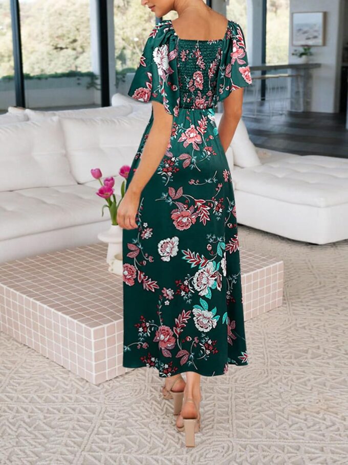 Fashionme Womens Dresses 2025 Maxi Dresses Deep V Neck Elegant Bow Tie Front Cap Sleeve Summer Floral Satin Smocked Dress – Bild 2
