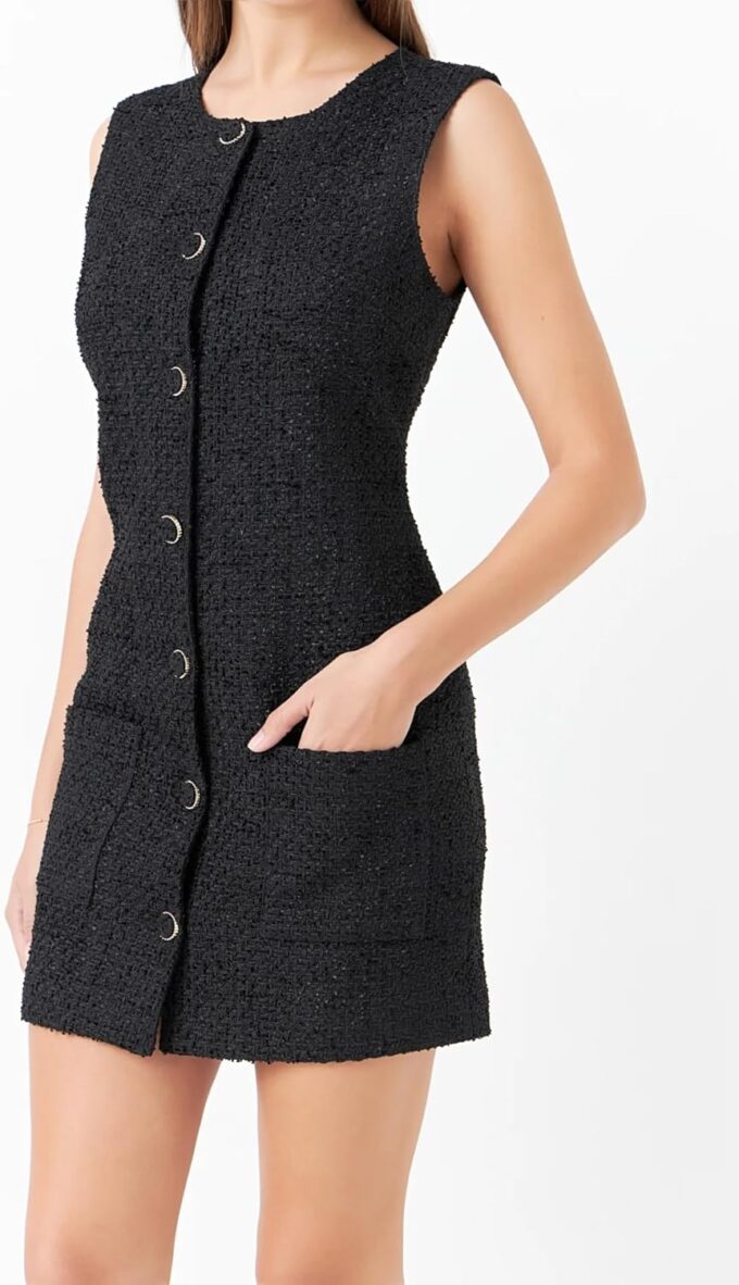 Tweed Dress Woman Sleeveless Bodycon Jackie O Dresses Crew Neck Elegant Button Down Mini Dress – Bild 5