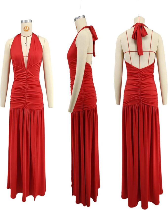 Tcremisa Womens Summer Halter Deep V Neck Maxi Dress Sexy Sleeveless Backless High Slit Long Cocktail Party Dresses – Bild 7