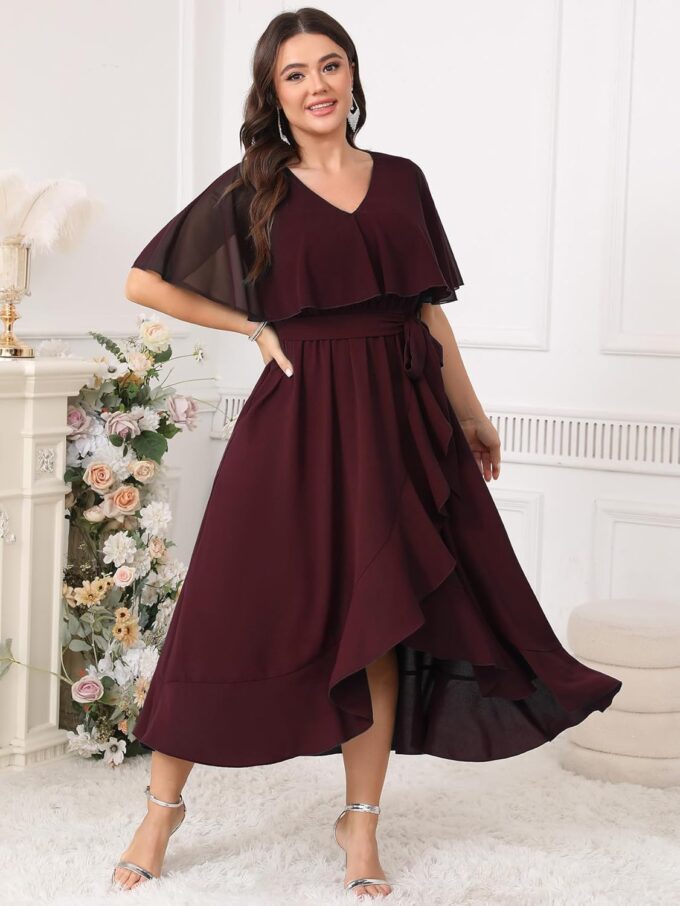Women Plus Size Long Formal Dress Short Sleeve Chiffon Ruffle V Neck High Low Split Wedding Guest Maxi Dresses – Bild 5