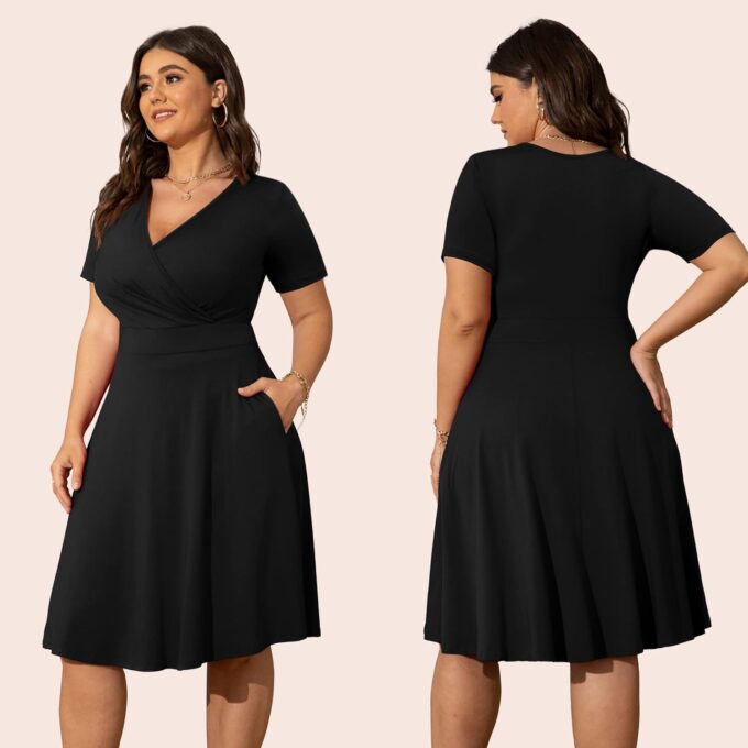 POSESHE Womens Plus Size Dresses Summer Short Sleeve Wrap V-Neck Sundress Casual Wedding Guest Cocktail Dress with Pockets – Bild 2