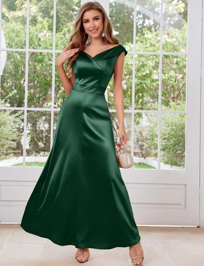 Women's Vintage 1950s V Neck Satin Cocktail Bridesmaid Floor Length Dress – Bild 4
