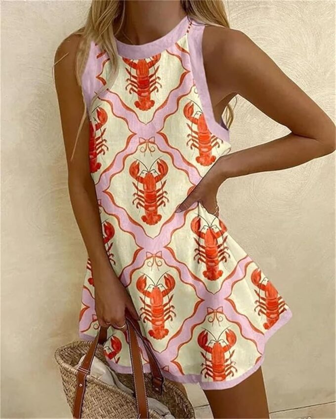 Womens Lobster Dresses Y2K Sleeveless Cute Graphic Lobster Fish Printed Dress Linen Summer Mini Tank Sundress – Bild 2