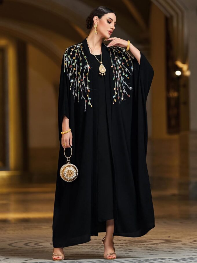 Handmade Beaded Black Kaftan Abaya Dress, Bat Sleeve, NO INNER, Loose Fit Robe for Party, Evening Gathering – Bild 7