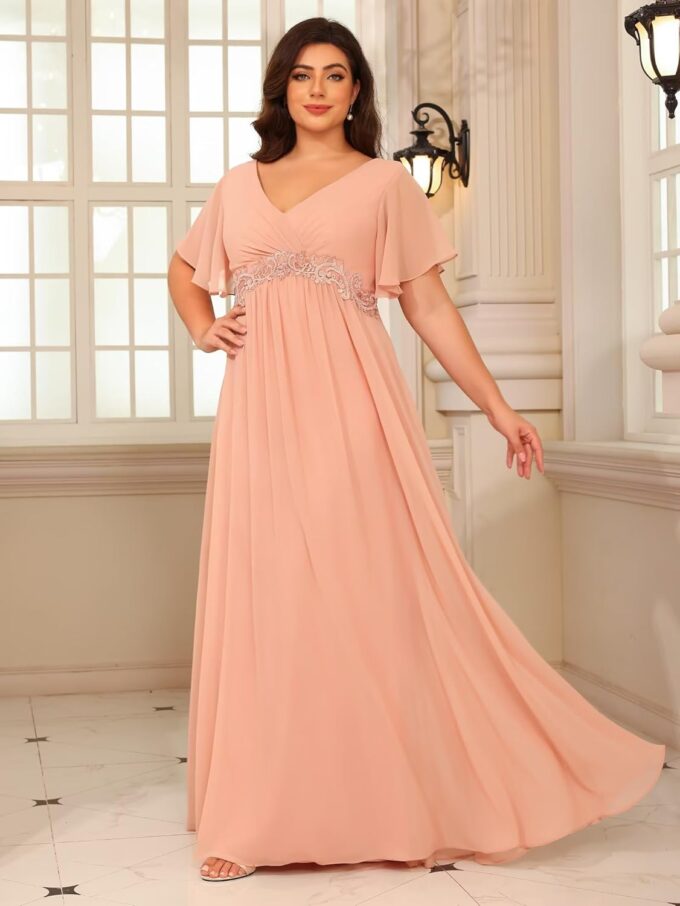 Miao Duo Plus Size Short Sleeves Mother of The Bride Dresses for Curvy Women V Neck Formal Dresses with Pockets YZTS224 – Bild 3