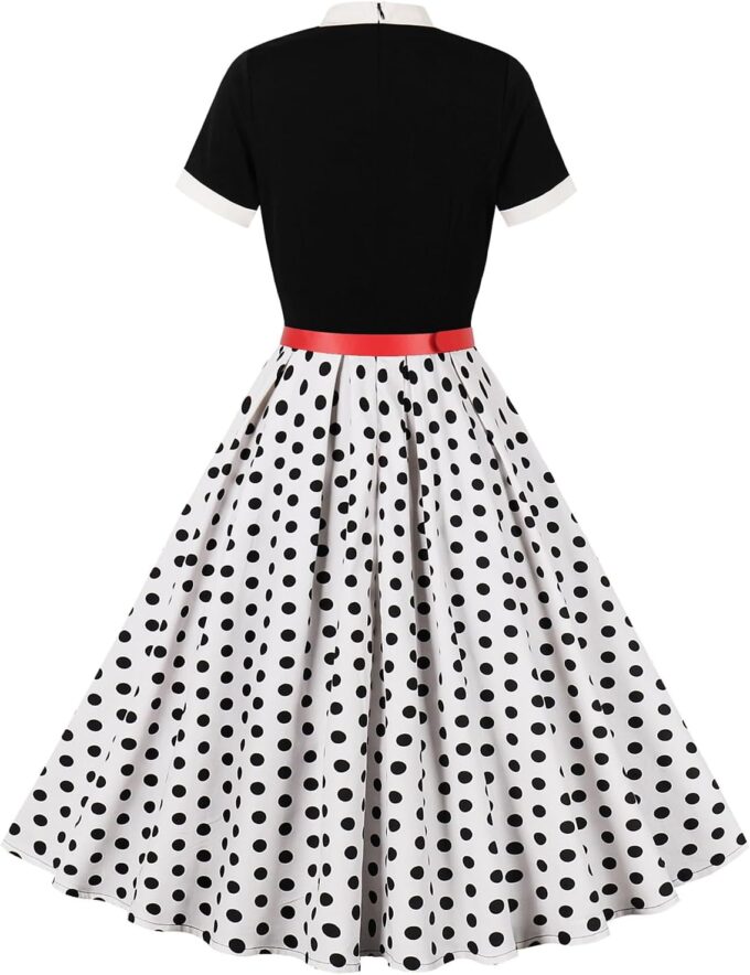 50s Style Dresses for Women Vintage Short Sleeve Tie Neck Swing Dress Midi Prom Dress with Belt – Bild 2