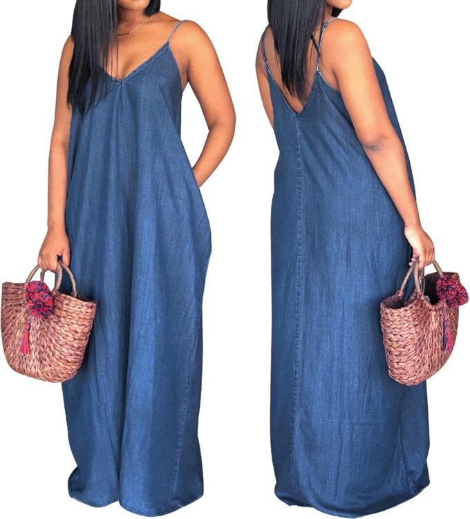 SeNight Women's Sexy Maxi Denim Dresses Casual Spaghetti Strap Striped Long Sundress Wiht Pockets – Bild 6
