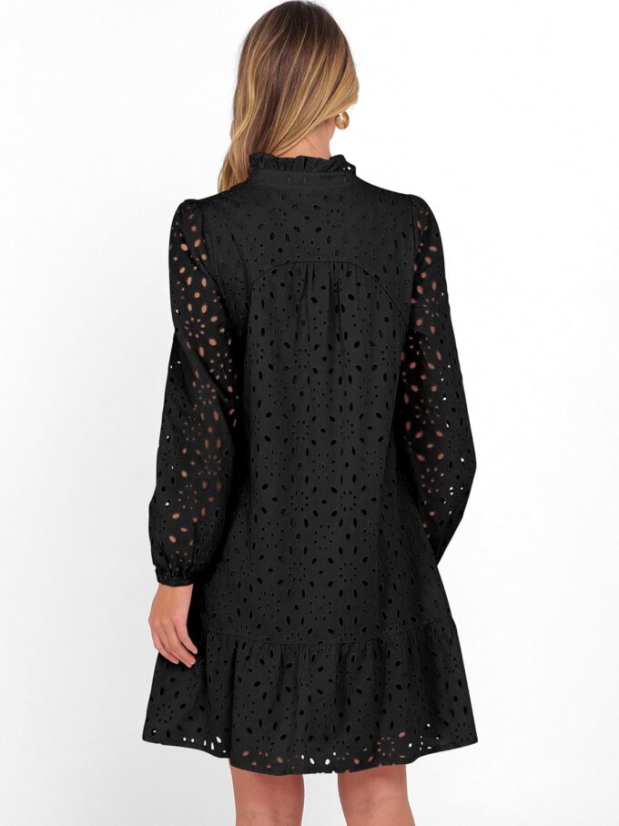 Caracilia Long Sleeve Dress for Women V Neck Hollow Out Eyelet Casual Fall Boho Flowy Swing Tiered Mini Vacation Dresses – Bild 5
