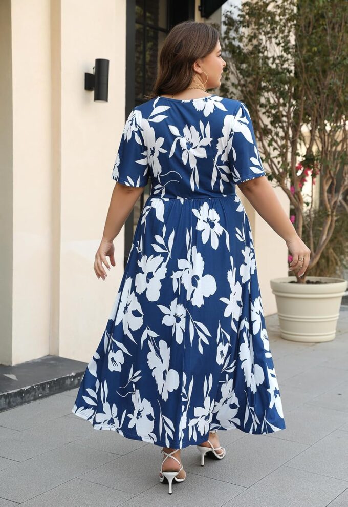 Keluummi Plus Size Wedding Guest Maxi Dresses for Curvy Women, Summer Floral Empire Waist Long Cocktail Dress with 3/4 Sleeve – Bild 4