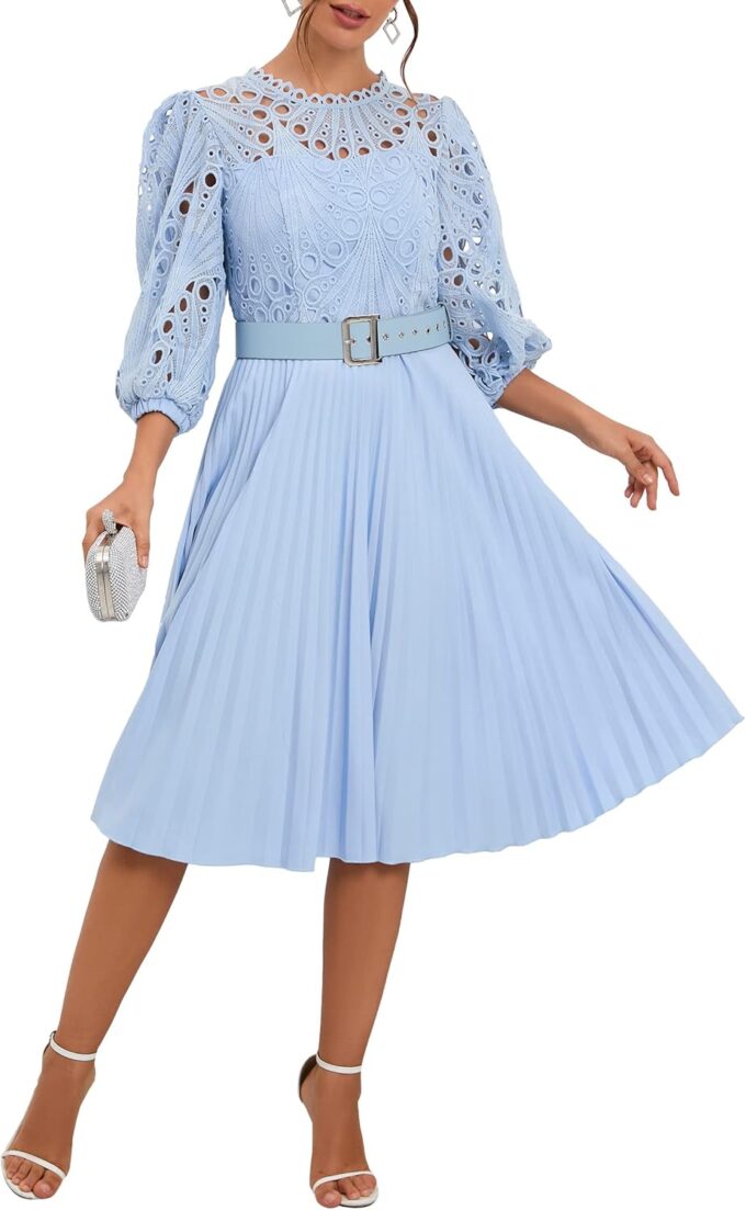 IWFEV Lace Pleated Dress Puff Sleeve Mid-Calf Short Sleeve Midi Dress Hollow Party Evening Dress