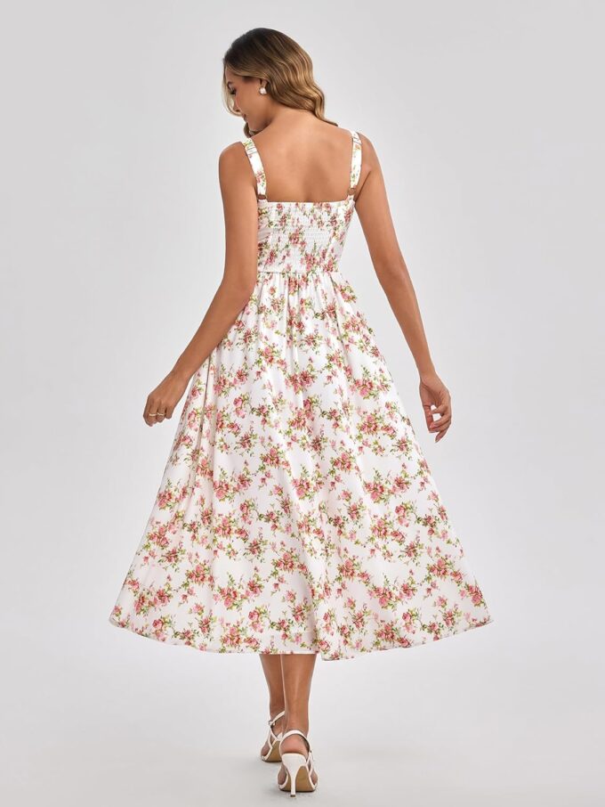 KUTUMAI Floral Corset Midi Dress Flowy Slit Summer Spring Wedding Guest Dresses for Women Sundress with Pockets – Bild 4