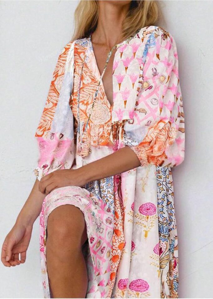 CHARTOU Women Boho Floral Printed Long Dress Summer Lantern Half Sleeve Beach Flowy Loose Swing Sundress – Bild 3