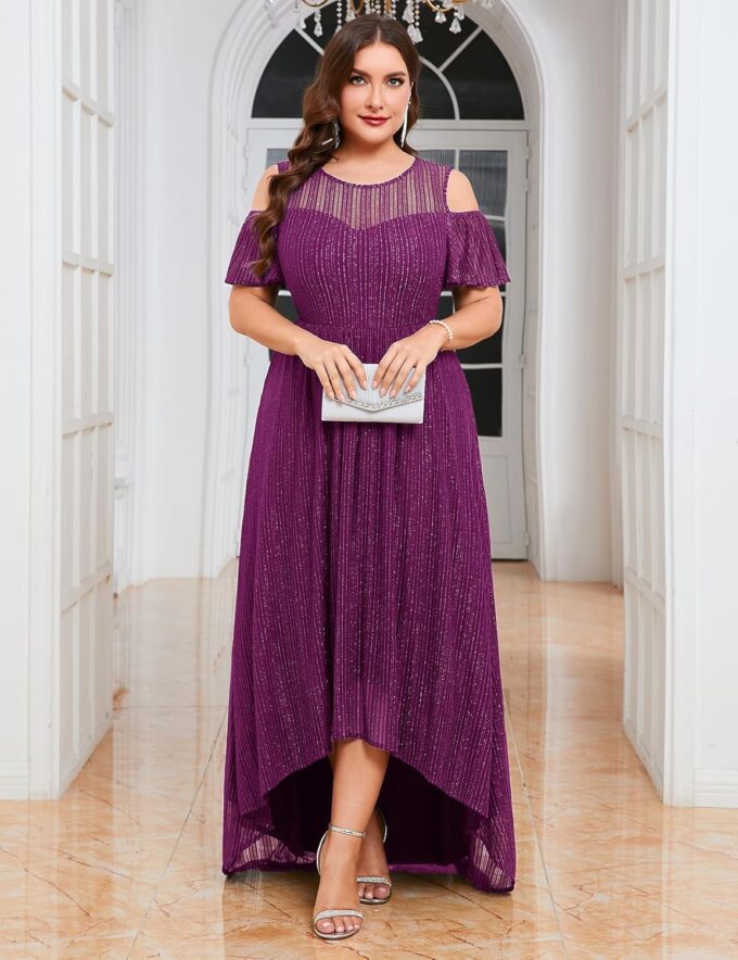 ZOMVA Plus Size Sparkly Mesh Maxi Dress Cold Shoulder Ruffle Sleeve High Low A Line Gown Wedding Guest Cocktail Party – Bild 4