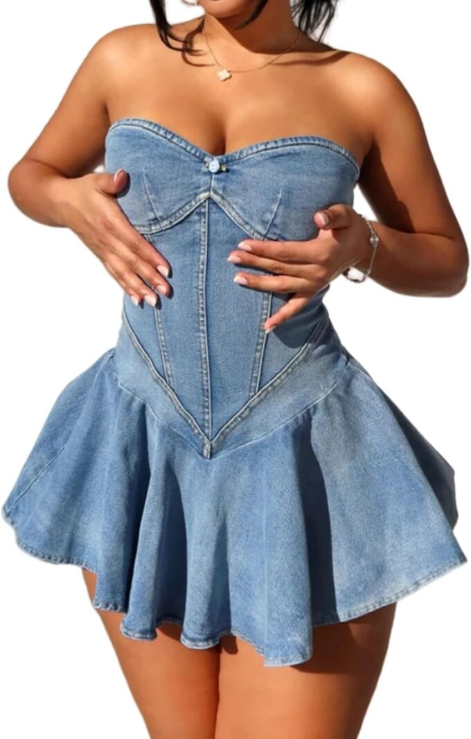 Famnbro Womens Denim Dress Strapless Off Shoulder Sexy Backless Tube Mini Jean Corset Dresses Clubwear