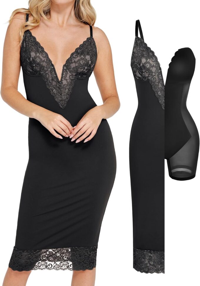 Popilush Women Lace Shapewear Midi Dress 2025 V neck Bodycon Corset Cocktail Party Date Night Dresses