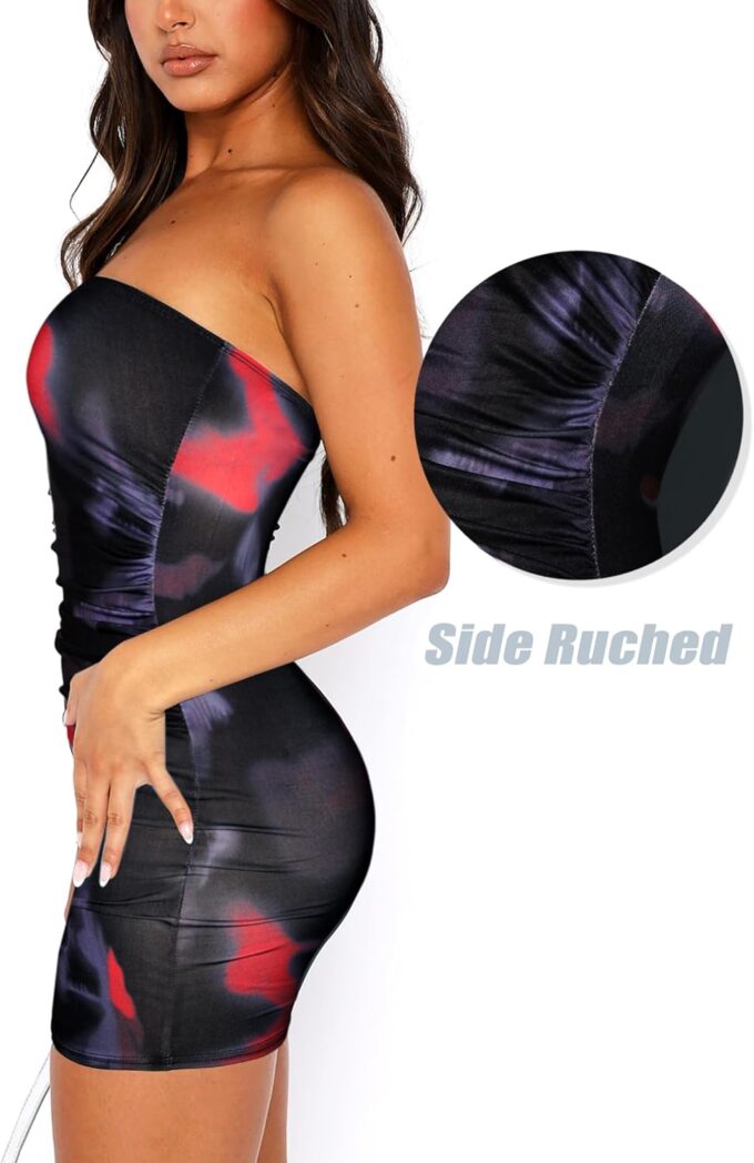 Summer Tube Mini Dresses for Women Trendy Y2k Ruched Going Out Club Rave Outfit Bodycon Short Bandeau Dress – Bild 4