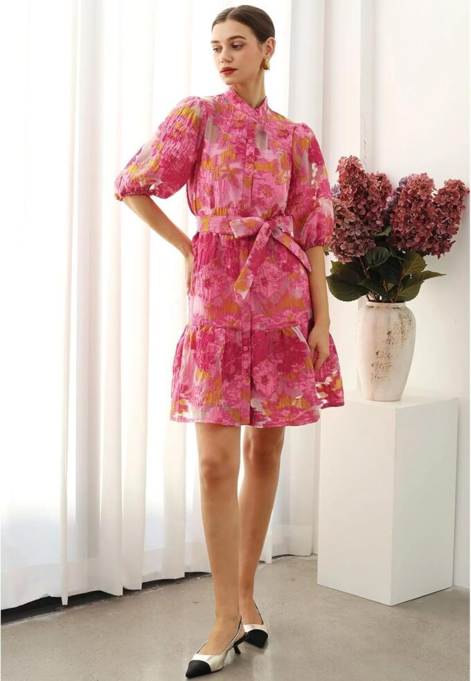 CHICWISH Women Floral Jacquard Mini Dress Puff Sleeves Mock Neck Button Garedn Party Organza Casual Dress with Belt – Bild 7
