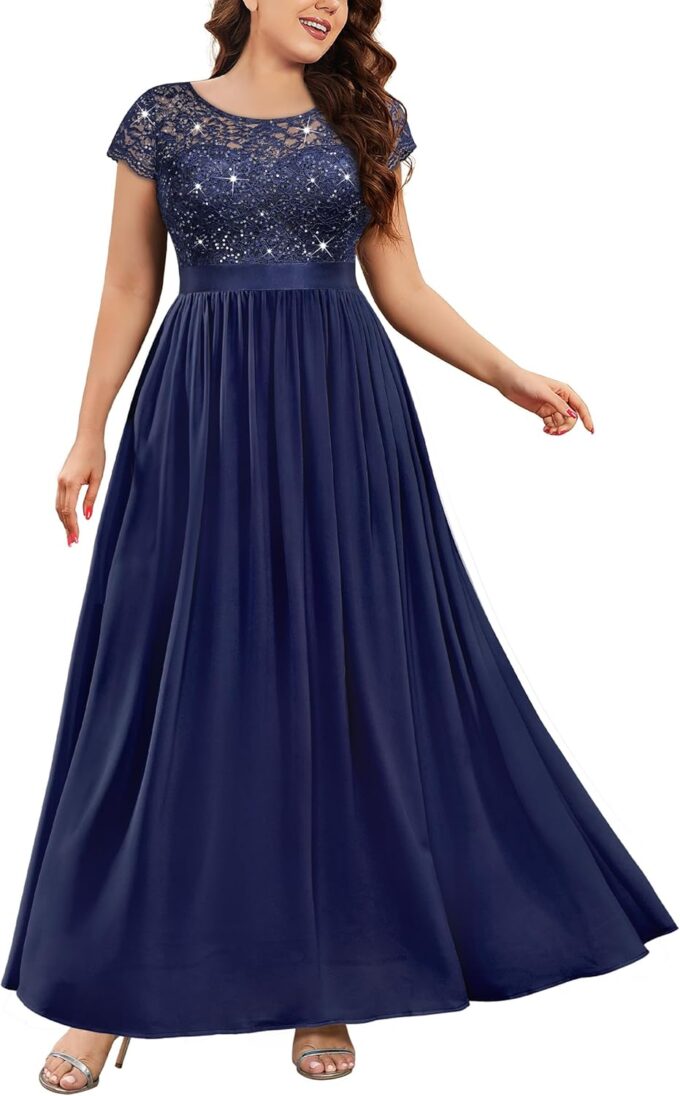 Knitee Women's Plus Size Sequin Floral Lace Formal Bridesmaid Party Flowy Maxi Dress