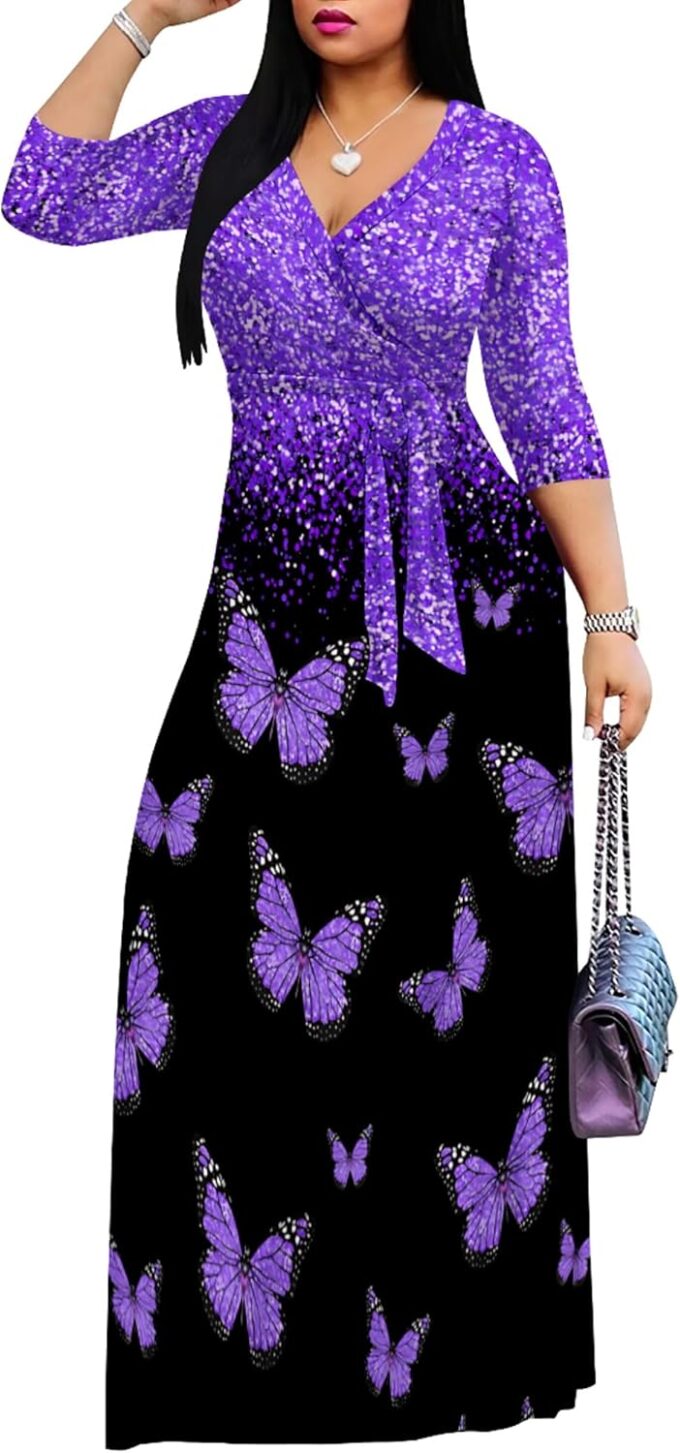 Plus Size Dresses for Women Print Maxi Dresses Flowy 3/4 Sleeve with Belt – Bild 2