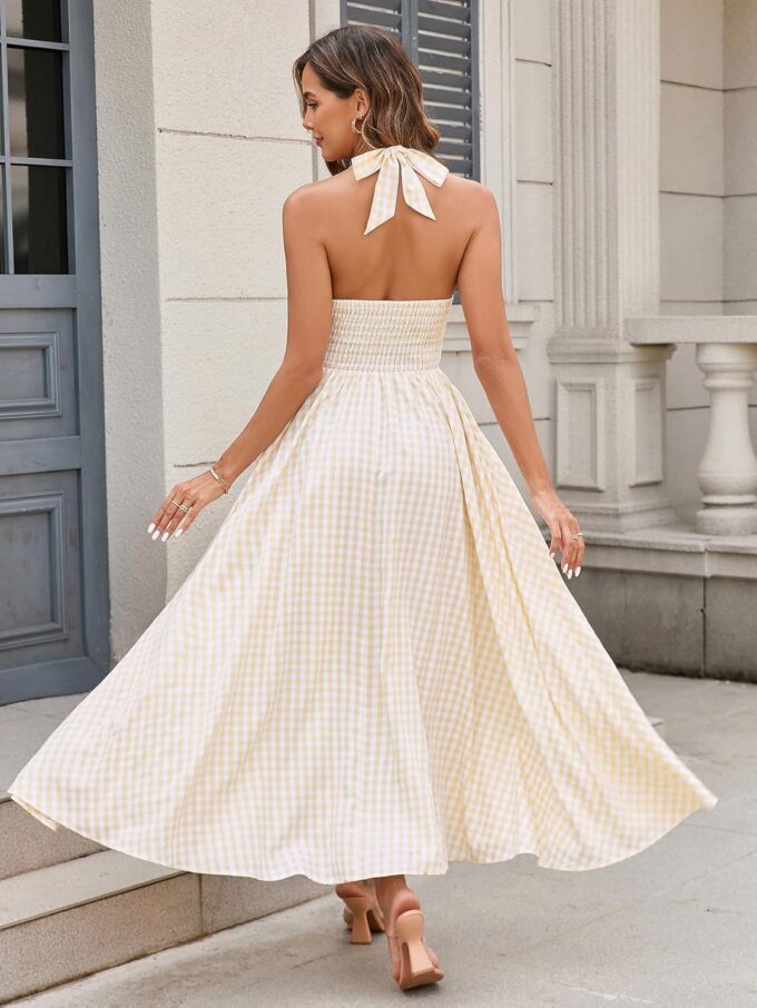 Parthea Women's Summer Midi Dress Smocked Gingham Halter V Neck Sundress Elegant Flowy A Line Beach Long Dresses – Bild 2