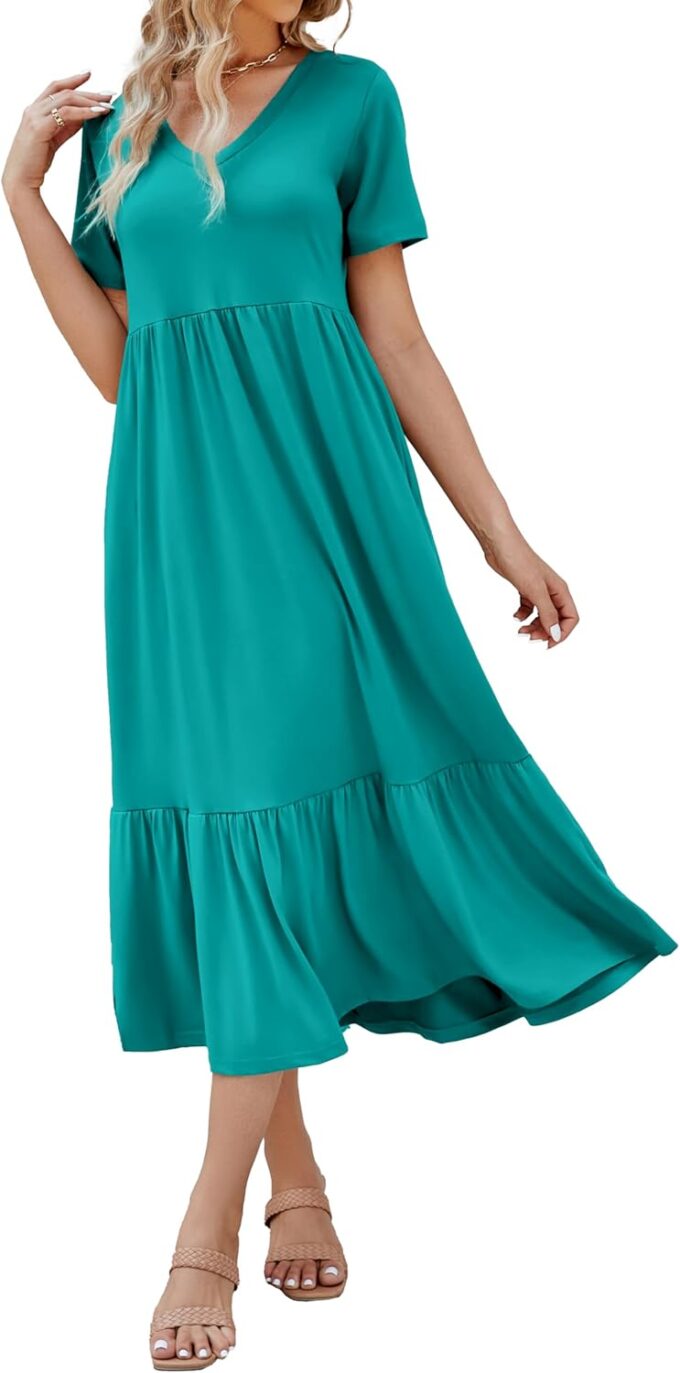 Women's 2025 Summer Short Sleeve V Neck Swing Dress Flowy Tiered Maxi Beach Sundress with Pockets