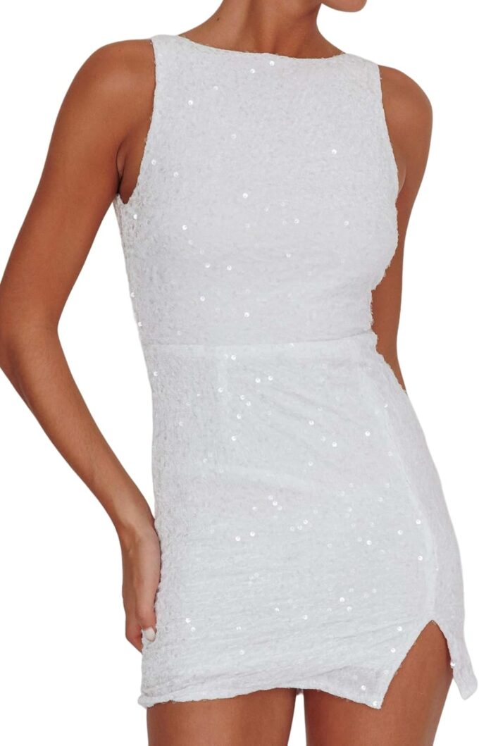 Women's Sexy Backless Sparkly Sequin Mini Dress Split Hem Glitter Velvet Tank Dress Prom Party Cocktail Dress – Bild 3