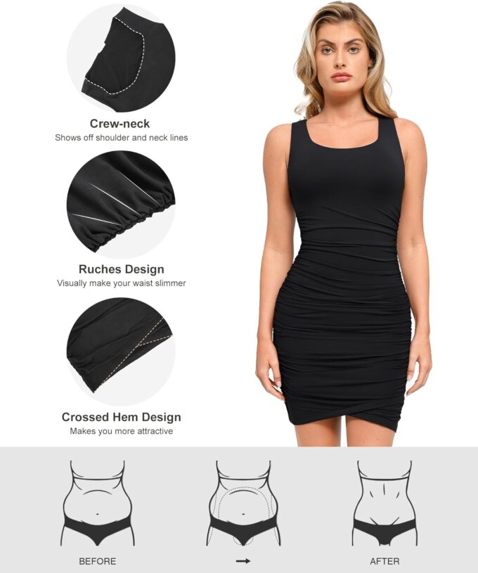 Popilush Mini Dresses for Women U-Neck Shapewear Tummy Control Bodycon Ruched Dress Party Club Date Night Going Out – Bild 3