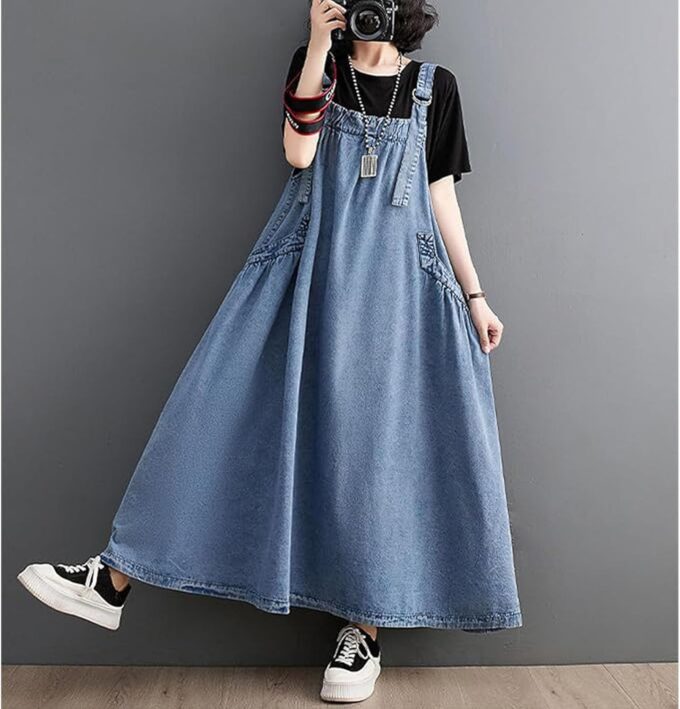 Women's Denim Pullover Casual Loose Sleeveless Adjustable Strap Denim Dress with Pockets and Wide Hem – Bild 4