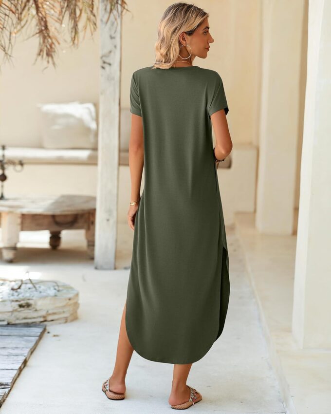Riyiper 2 Piece Women's Short Sleeve Maxi Dress with Pockets V Neck Split Casual Loose Long Summer Beach Shirt Dress – Bild 2
