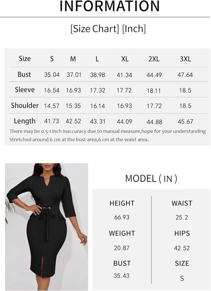 FANDEE Damen Vintage Kleider 3/4 Ärmel V-Ausschnitt Bodycon Bleistift Midi Arbeit Kirche Kleid mit Gürtel – Bild 7