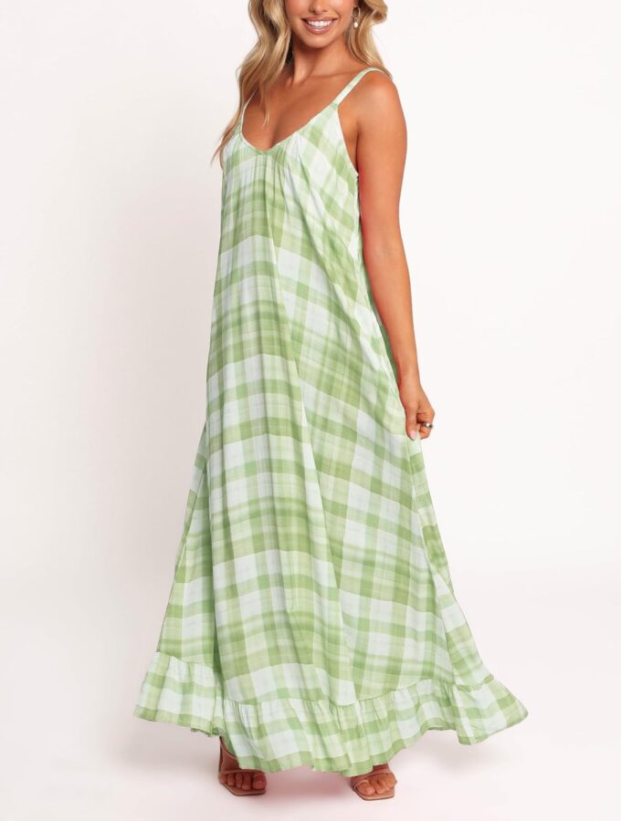 Spaghetti Strap Dresses for Women Plaid V Neck Maxi Sundress Beach Long Dress with Pockets – Bild 3