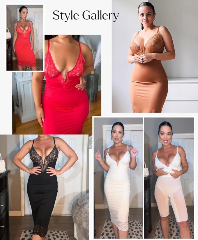Popilush Women Lace Shapewear Midi Dress 2025 V neck Bodycon Corset Cocktail Party Date Night Dresses – Bild 2