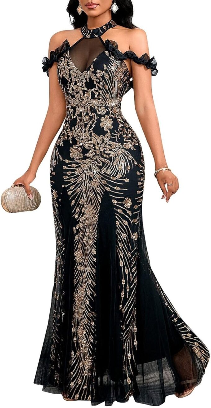 Cololura Women Sequin Elegant Sexy Mermaid Bodycon Cocktail Evening Dress