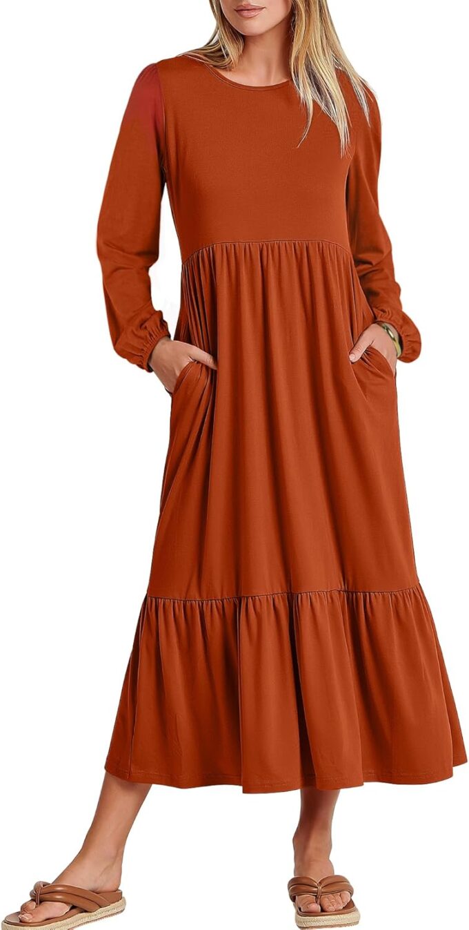 ANRABESS Women's Casual Long Sleeve Midi Dress 2025 Fall Crewneck A Line Tiered Flowy Loose Trendy Dresses with Pockets