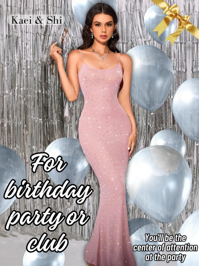 Kaei&Shi Rhinestone Mesh Dress,Glitter Sparkly Embellished Sheer Maxi Dresses,Sexy Birthday Outfit for Women Cocktail Party – Bild 5