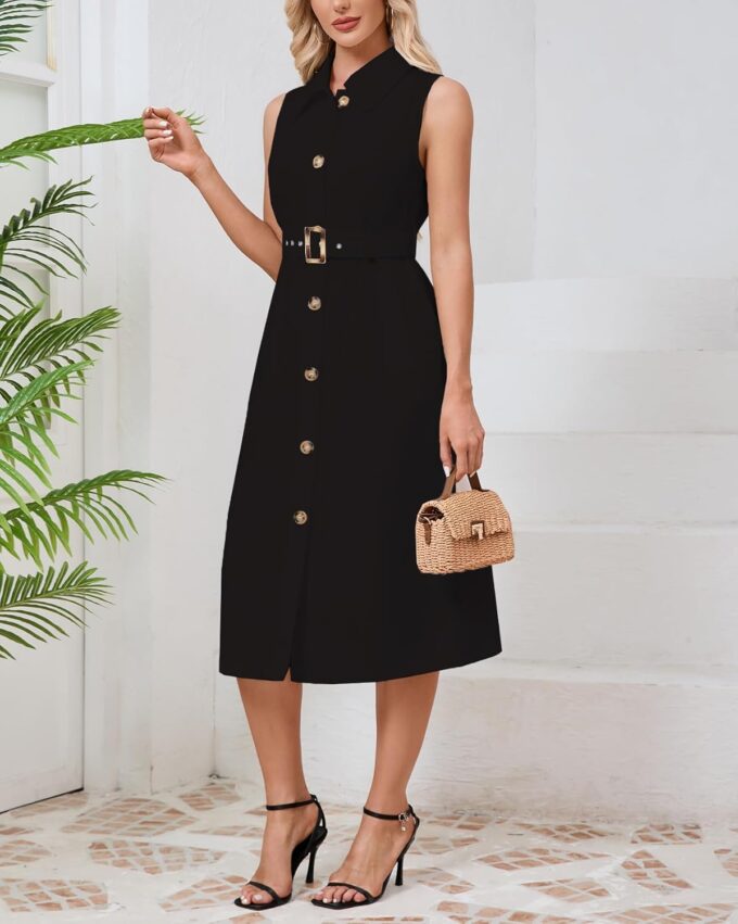 Women's Button Down Shirt Dress Sleeveless Collared A-line Maxi Dress with Belt – Bild 4