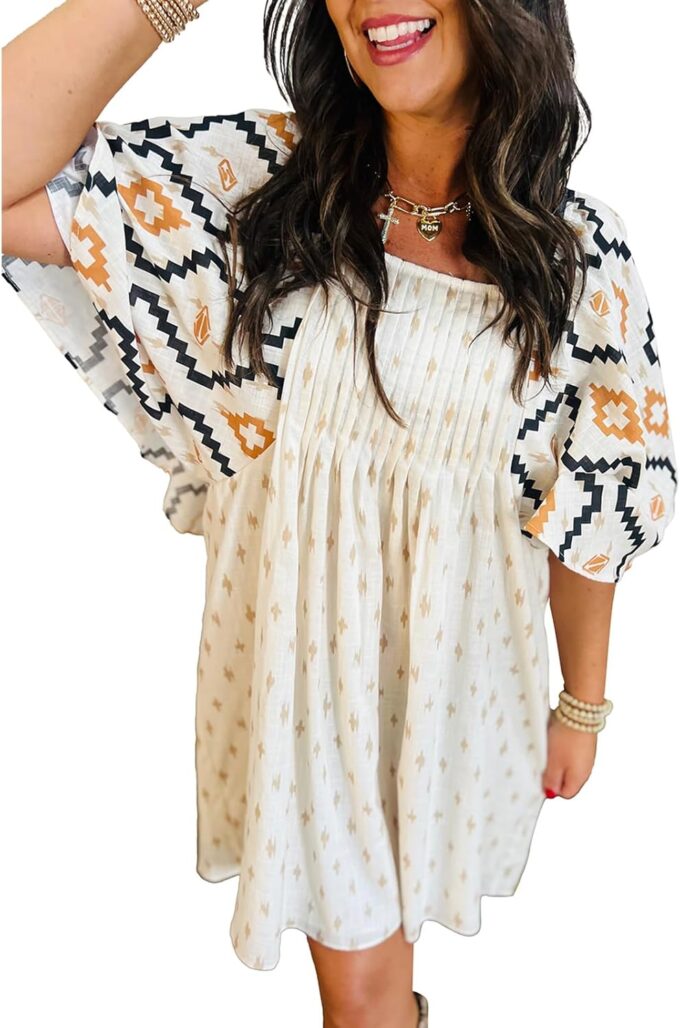 SELINK Womens Summer Short Sleeve Square Neck Western Aztec Mini Dress Flowy Pleated A-Line Casual Dresses