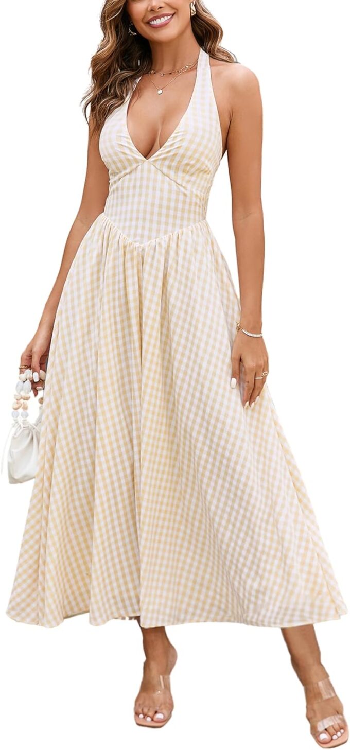 Parthea Women's Summer Midi Dress Smocked Gingham Halter V Neck Sundress Elegant Flowy A Line Beach Long Dresses