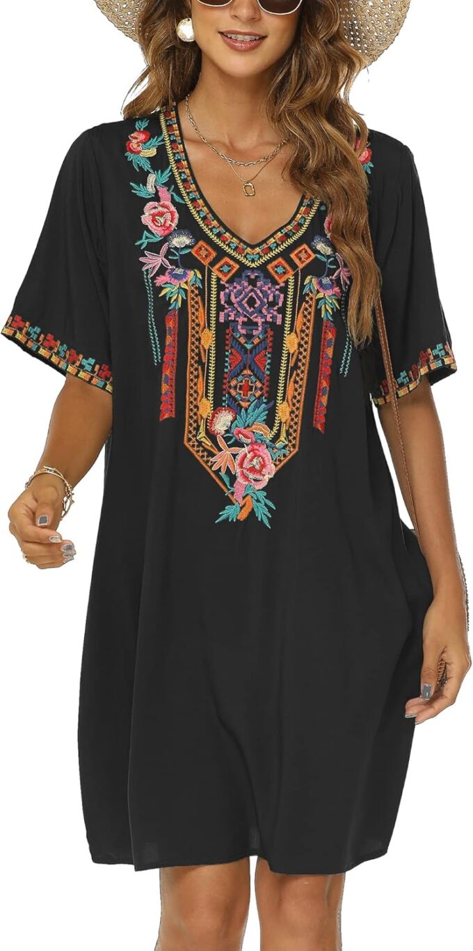 Grosy Women's Embroidered Mexican Peasant Dresses, Plus Size Fiesta Boho Dress for Women, Traditional Floral Bohemian Tunic – Bild 2