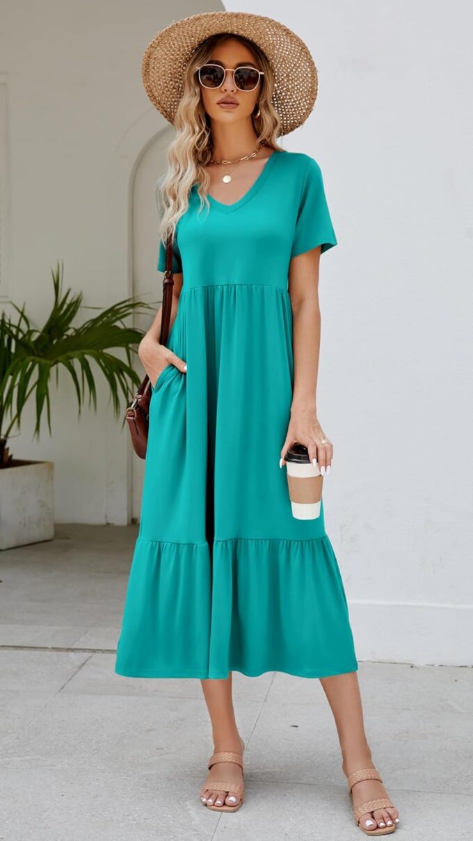 Women's 2025 Summer Short Sleeve V Neck Swing Dress Flowy Tiered Maxi Beach Sundress with Pockets – Bild 3