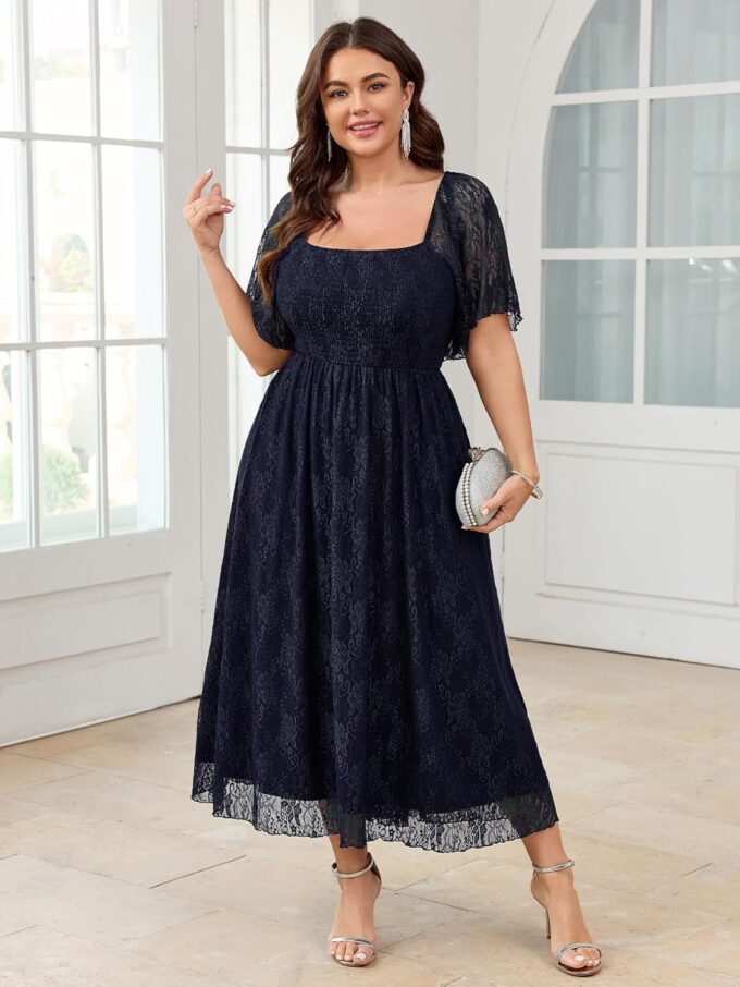 SCOMCHIC Women's Plus Size Wedding Guest Dress Formal Lace Square Neck Short Sleeve Smocked Flowy Cocktail Maxi Dresses – Bild 2