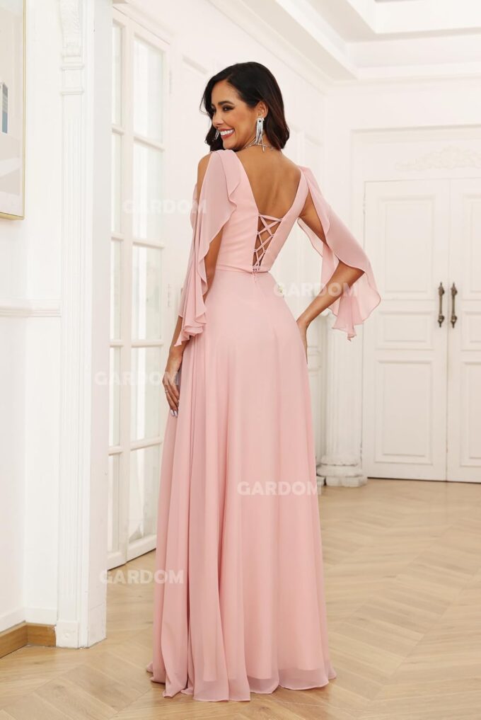 GARDOM Ruffle Sleeve Chiffon Bridesmaid Dresses for Women Cold Shoulder Formal Dress for Wedding 2025 V Neck Evening Gowns – Bild 3