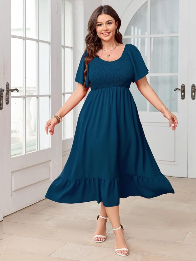 SCOMCHIC Women's Plus Size Summer Dress Casual Short Sleeve Scoop Neck Maxi Dress Smocked Ruffle Boho Flowy Long Dresses – Bild 4