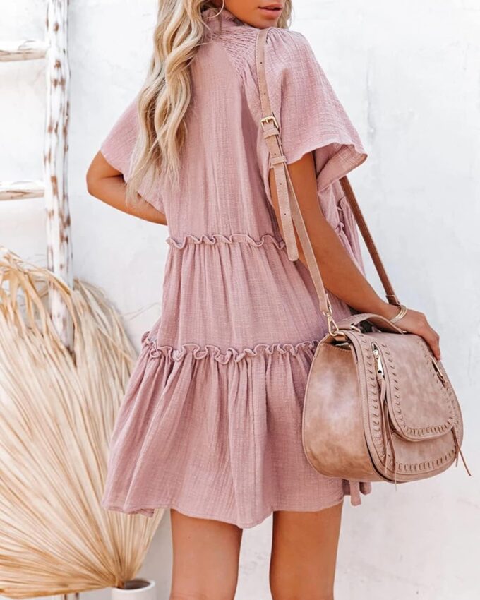 Womens Split V Neck Drawstring Neck Tie Ruffle Tiered Dress Short Sleeve Babydoll Tunic Swing Mini Dresses Sundresses – Bild 2
