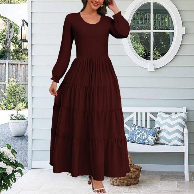 SperLucky Women's Maxi Dress Solid Color V Neck Button Accents Drawstring with Cinched Waist Elastic Cuffs Flowy Dress – Bild 3